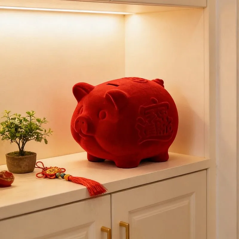 Ceramic Lucky Pig Piggy Bank New Chinese Style Money Bank Large Capacity Red Color Pig Shaped Money Bank Money Storage Box ZI411