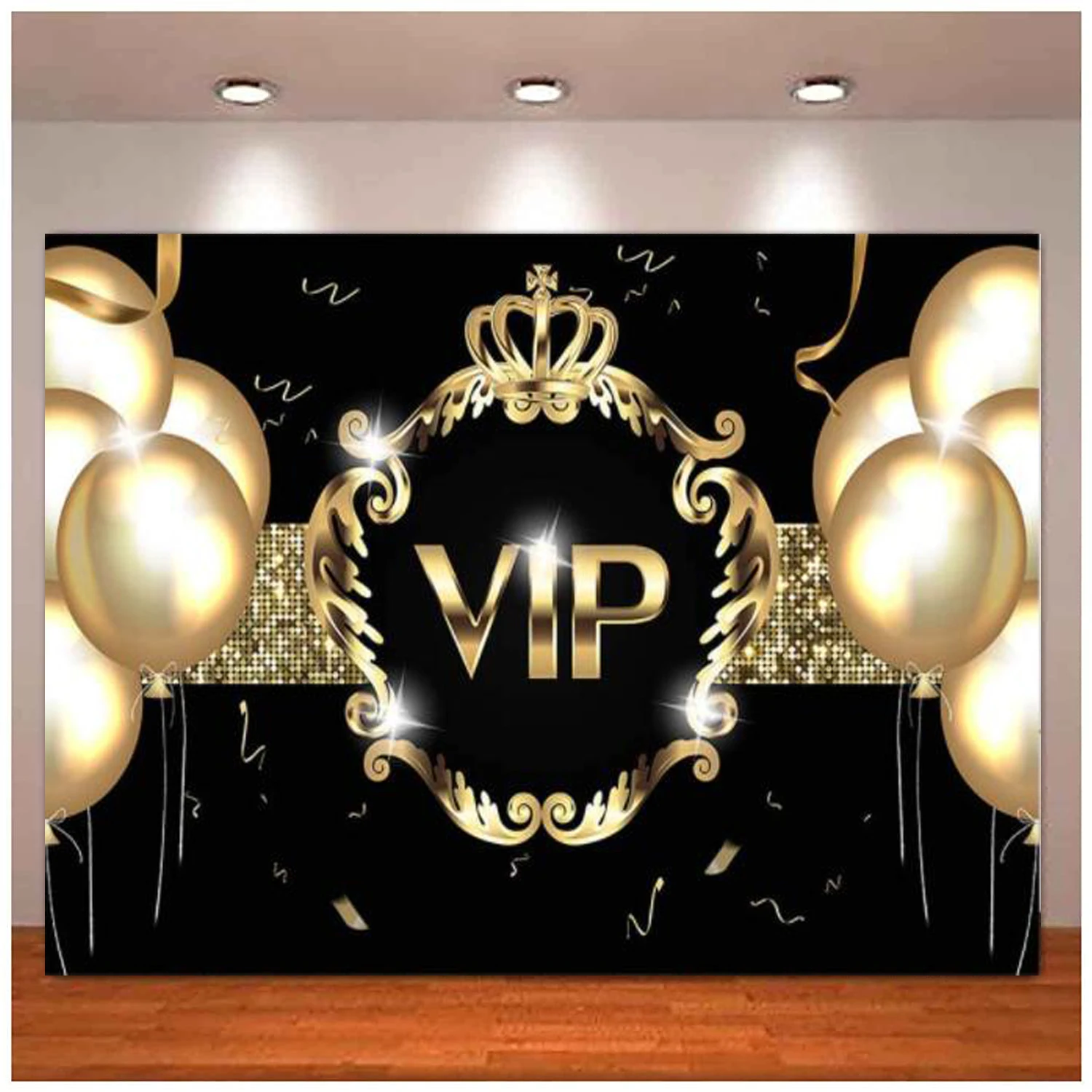 

Photography Backdrop Gold Black VIP Birthday Party Decoration Golden Balloon Crown Glitter Supplies Background Banner Poster