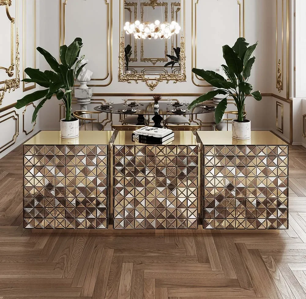 Luxury Light European Style Gold Stainless Steel Solid Wood Sideboard High-end Villa Restaurant Cabinet