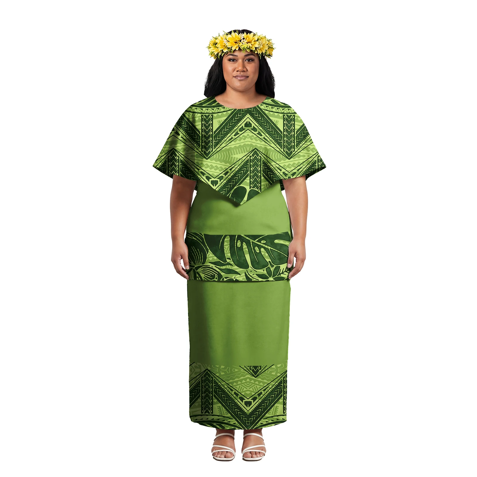 V Shaped Hanging Flounce Collar Ladies Wear Samoa Holiday Church Puletasi Polynesian Tropical Pattern Classic Women Puletasi Set