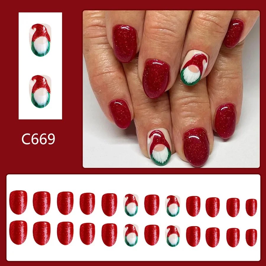 24Pcs Glossy Santa Claus Press-On Nails Set Red White Short Oval Full Cover Nail Art Tips with Christmas Hat for Festive Wear