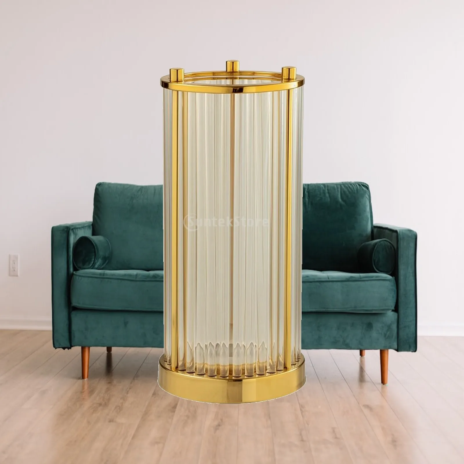 Ribbed Vase with Metal Frame Decorative Fluted Vase with Gold Base Vessel Transparent Decor Electroplated for Decorators