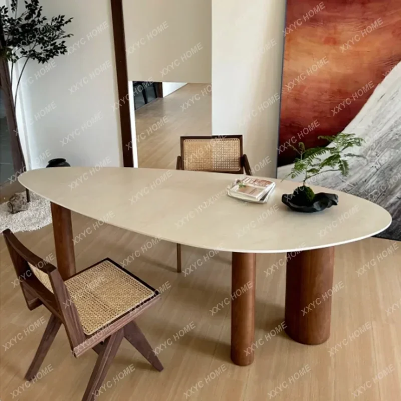 

Medieval style solid wood dining table retro modern simple special-shaped oval desk