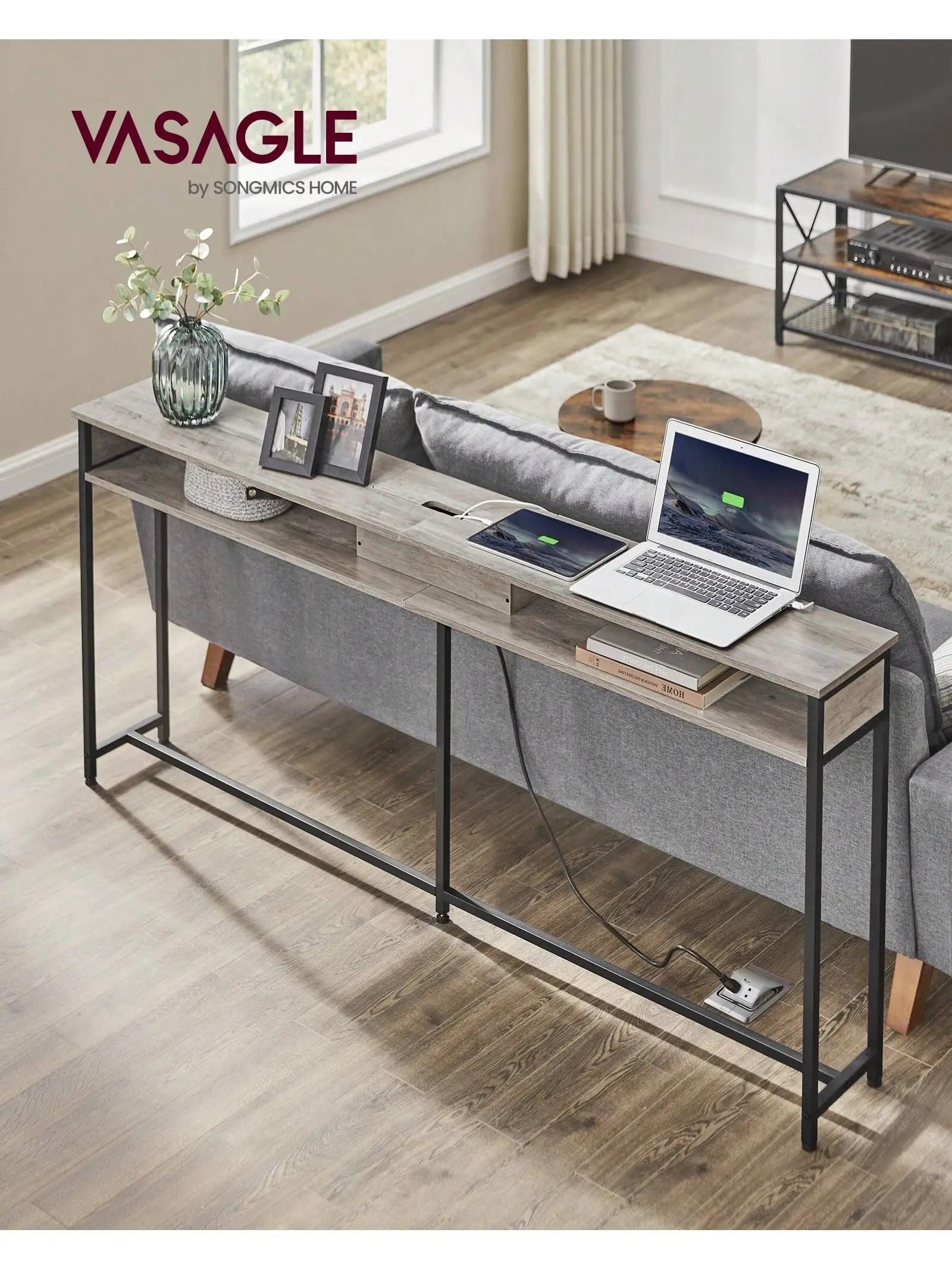 VASAGLE 70.9-Inch Console Table with Outlet and Shelves, Sofa Table with Charging Station, Behind Couch Table Skinny