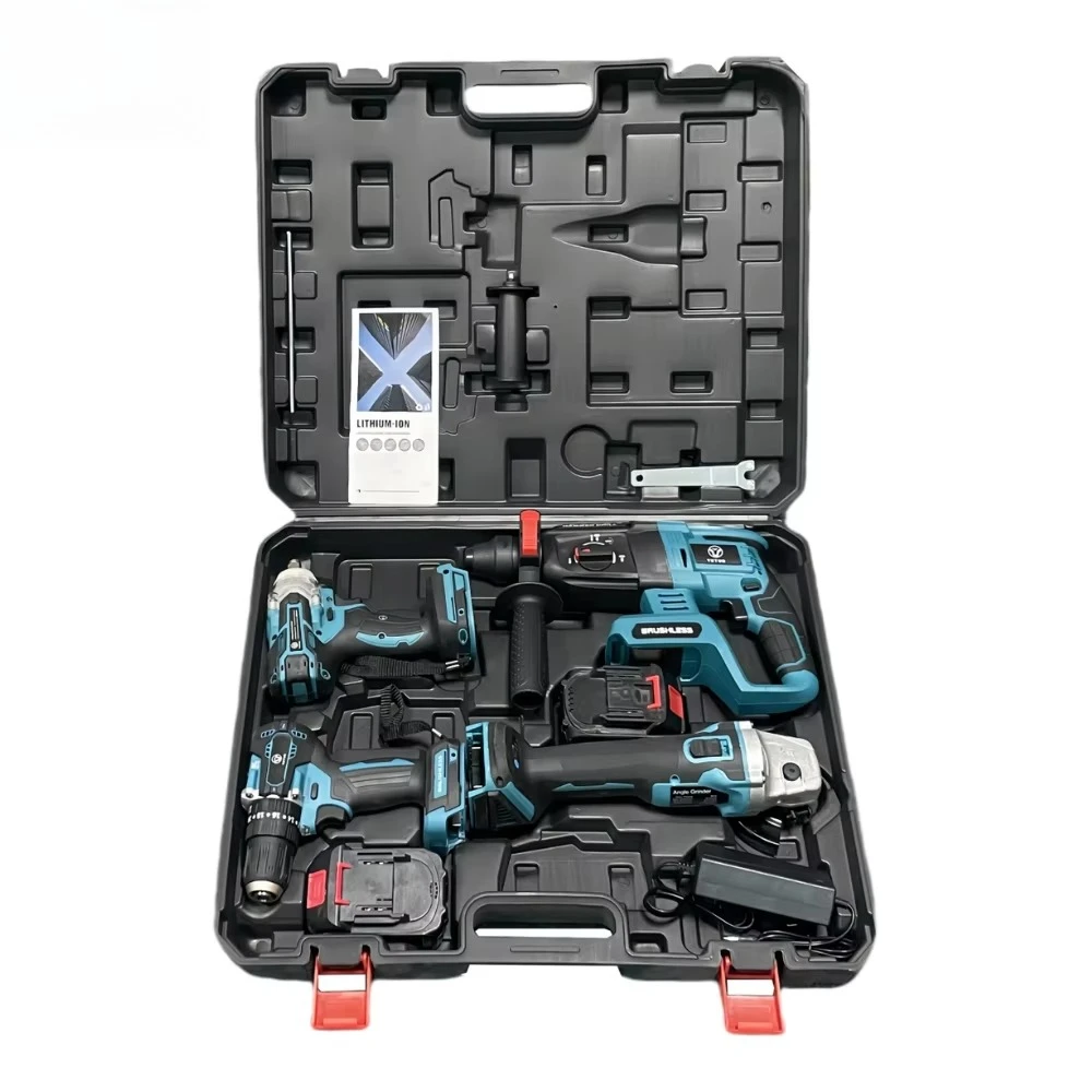 

Brushless Cordless Drill Angle Grinder Impact Wrench Hammer 18V Combo 4 In 1 Kits 4pcs Electric Power Tool Set