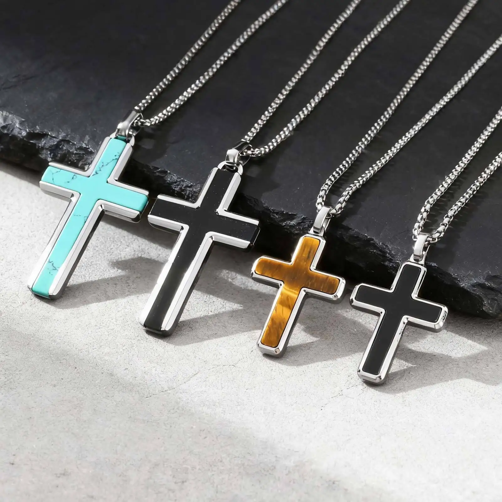 Stilvolle Herren-Kreuz-Halskette aus natürlichem schwarzem Onyx, wasserdichter Kreuz-Anhänger aus Edelstahl, Weihnachtsgeschenk zum Valentinstag – Detail 5