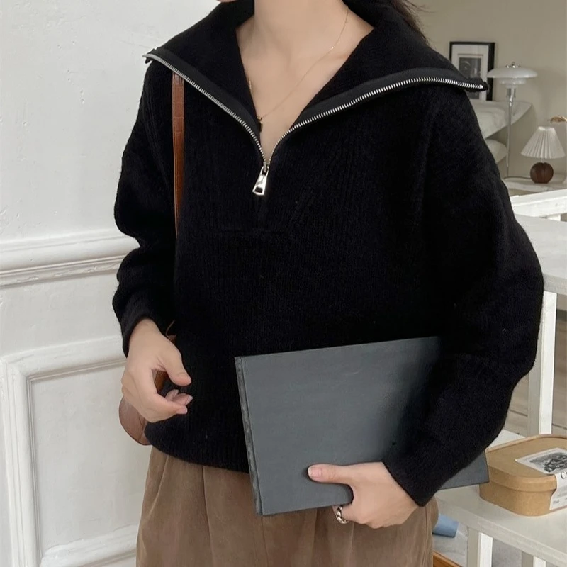 REALEFT Autunno Inverno Vintage Mezza Dolcevita Maglioni da donna allentati Manica lunga Cerniera Casual Pullover lavorato a maglia coreano Donna