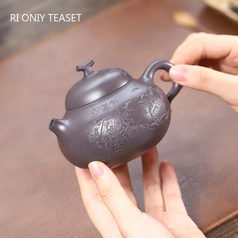 

210ml Chinese Yixing Purple Clay Teapot Famous Artists Hand Engraved Tea Pot High-end Handmade Kettle Raw Ore Zisha Tea Set