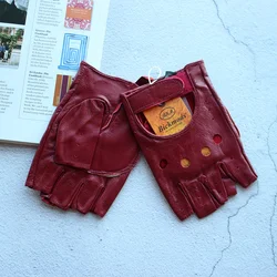 Women's Leather Half-Finger Gloves for Fitness Fashion Driving Single-Layer Unlined Hollow Short Motorcycle Riding Gloves