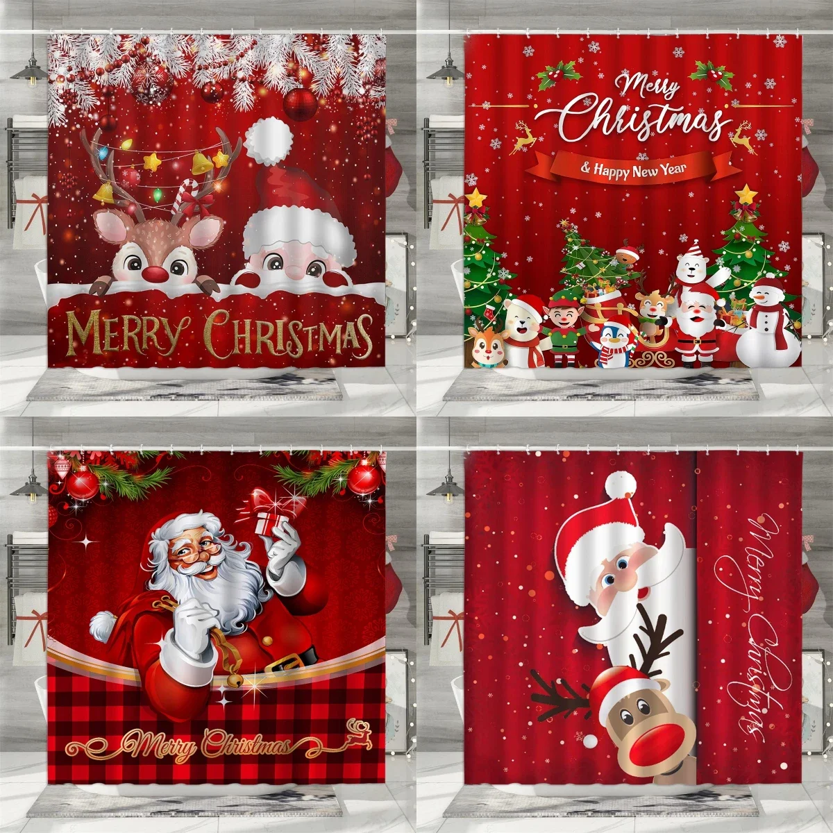GAEChristmas Shower Curtain, Winter Holiday Farm Snowman Santa Claus Christmas Tree Farmhouse Christmas Balls Bathroom Decorat
