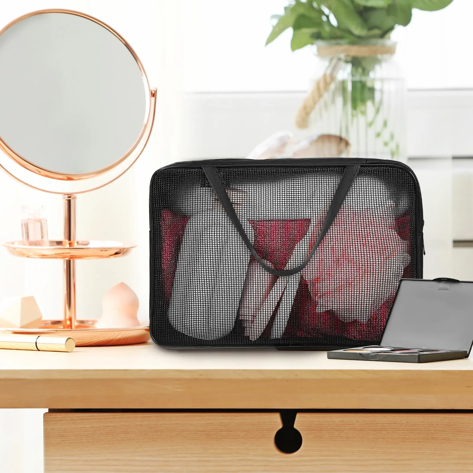 Bolsa de Higiene Transparente em Tela para Viagem Feminina, Organizador de Grande Capacidade para Produtos de Cuidado com a Pele, Cosméticos e Maquiagem, Estojo de Armazenamento em Nylon