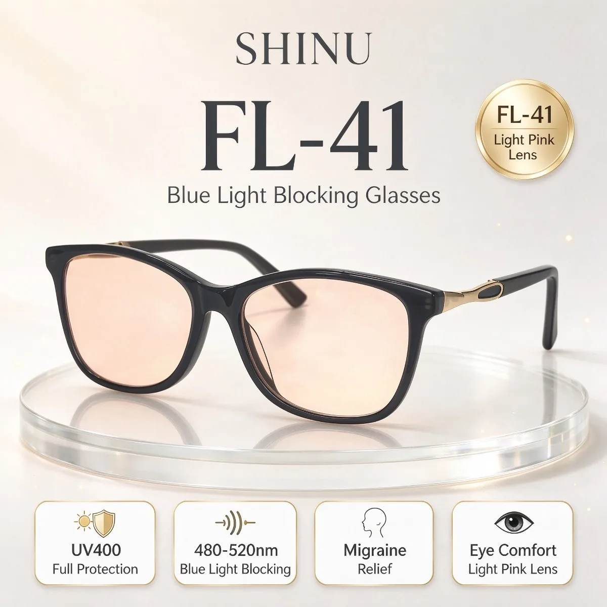 SHINU FL-41 Light Pink Tinted Glasses,480-520mm Blue Light Blocking, Eye Comfort & Migraine Relief for Light Sensitivity UV400