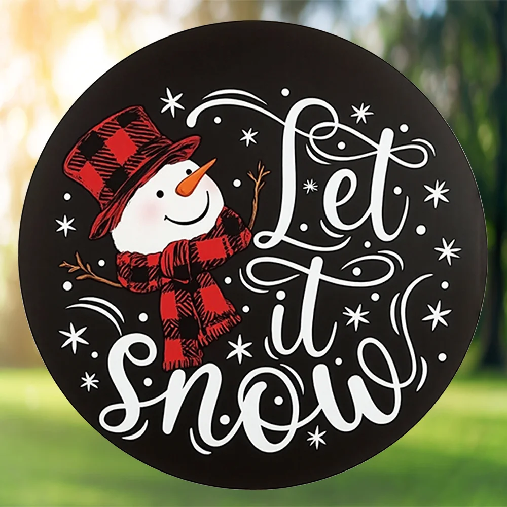 Let It Snow Buffalo Plaid Snowman Round Metal Sign, 2D Flat Printed Black Christmas Winter Art Tin Plaque, Rustic Farmhouse Holi