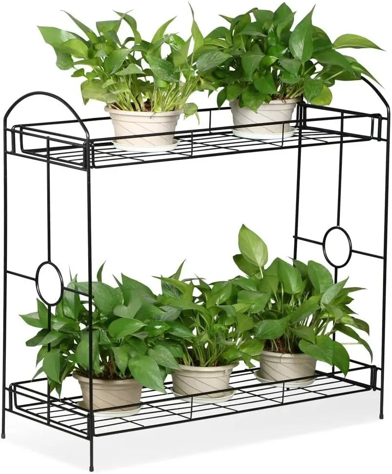 

2-Tier Metal Plant Stand Outdoor/Indoor Flower Stand Rack w/Tray Design for Garden and Home（Black, 33.5Wx 13.4D x 31.9H in）