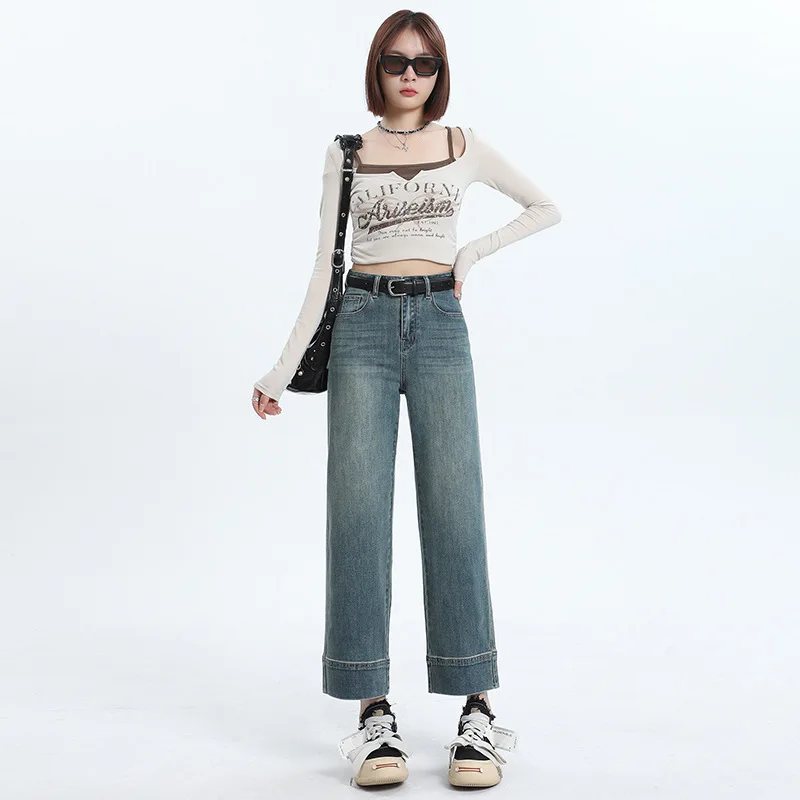 Nine Point Straight Leg Jeans for Women Versatile In Spring and Summer with A High Waist and A Small Figure Smoke Pipe Pants