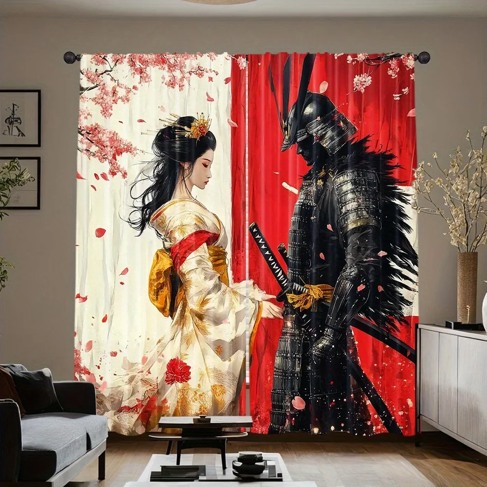 Vintage Japan Curtain 2 Panels, Ink Geisha Armored Ronin Cherry Blossom Contrast Print, Curtains for Lounge Asian Retro Curtain