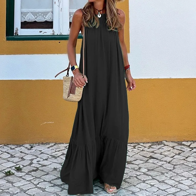 Vestido largo sin mangas con cuello Halter para mujer, traje holgado informal de estilo bohemio para ir a la playa