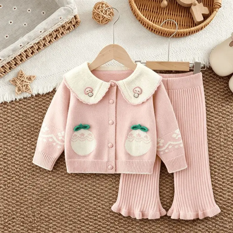 Girls' Sweater Set2026Jacquard Knit Sweater with Stylish Color Contrasts and Handmade Floral Design, Two-Piece Set