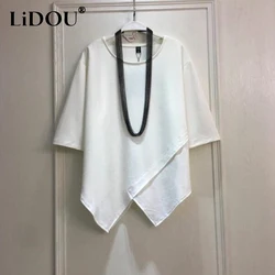 2023 Summer New Solid Color Fashion Short Sleeve T-Shirts Women High Street Casual Loose Asymmetrical Elegant All-match Pullover