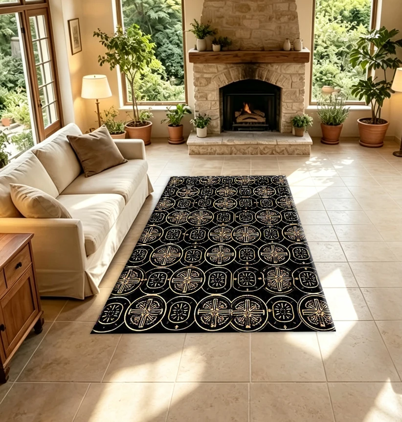 Vintage Golden Circle Cross Pattern Carpet Flooring Retro Black Background Household Floor Rug