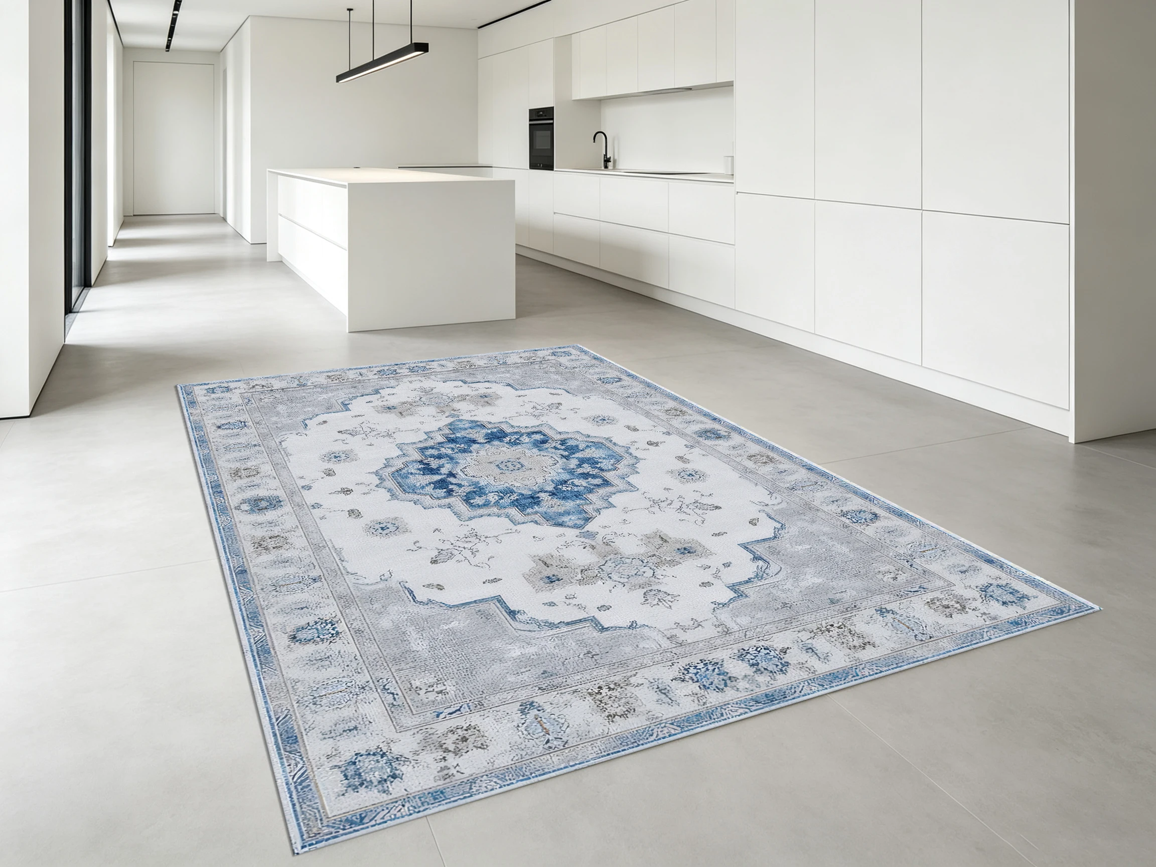 Light Gray-Blue European-Style Retro Pattern 2D Rug, Soft & Comfortable, Suitable for Living Rooms & Bedrooms, Enhancing the Ambiance