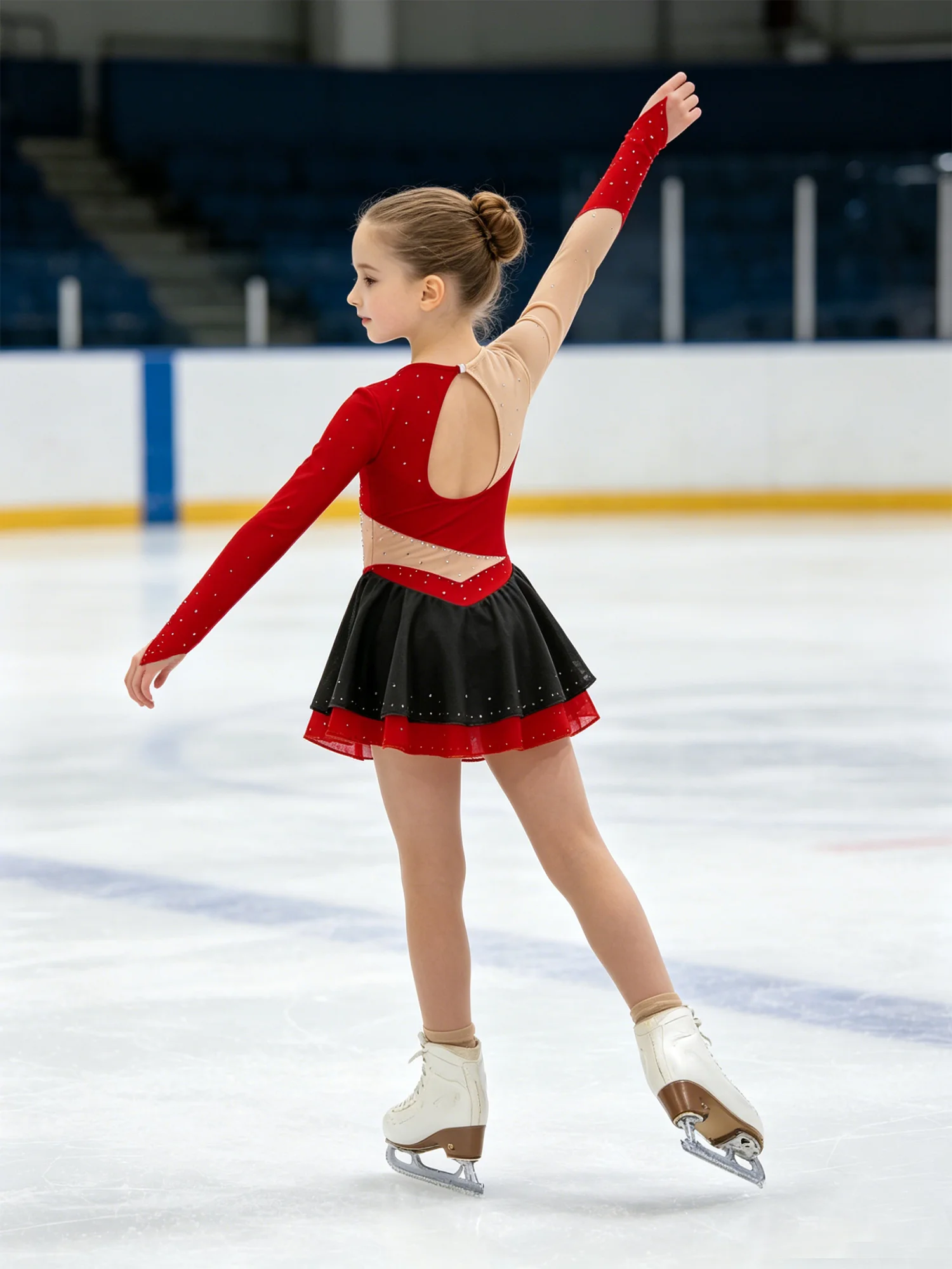Girls Figure Skating Dress Shiny Rhinestones Ballet Dance Artistic Gymnastic Performance Costume Long Sleeves Mesh Tutu Leotard