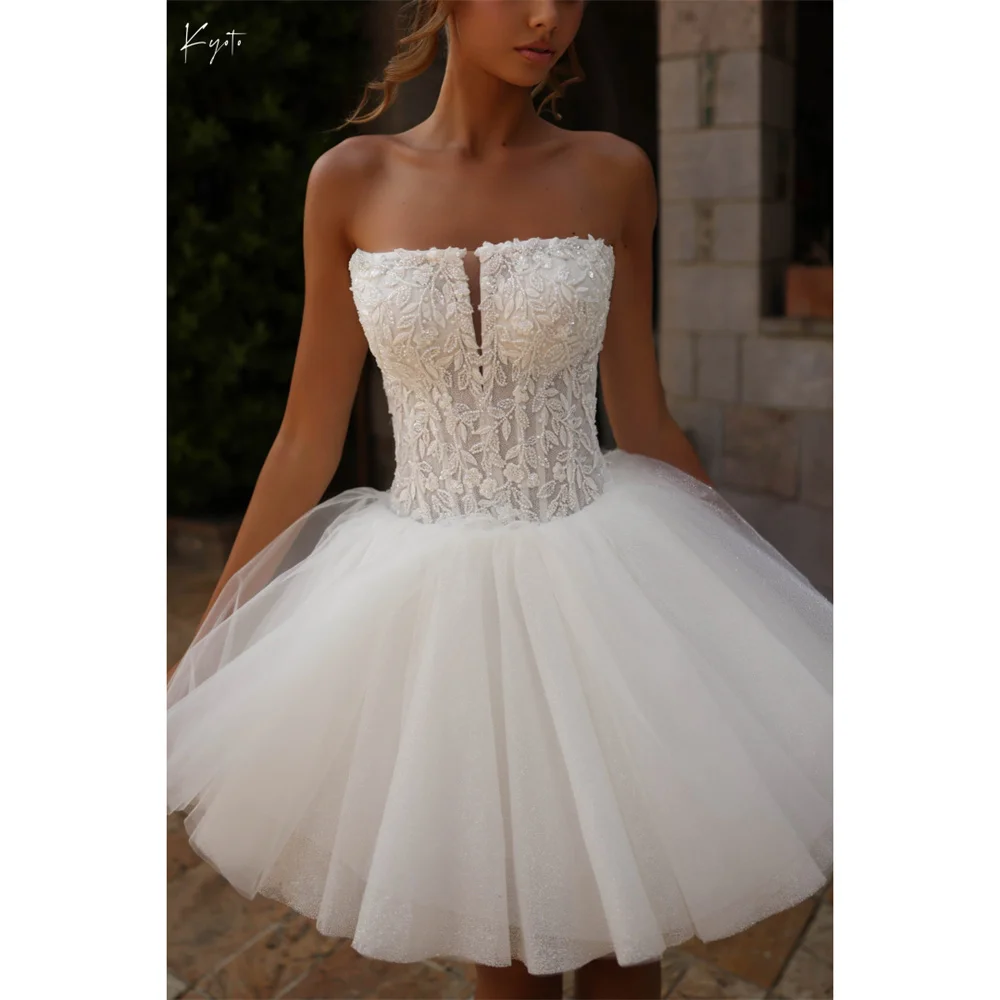 Suknia ślubna w stylu A z białą koronką, bez ramiączek, mini, vestidos de noiva, sukienki wieczorowe bez rękawów, Kyoto, kolekcja 2025