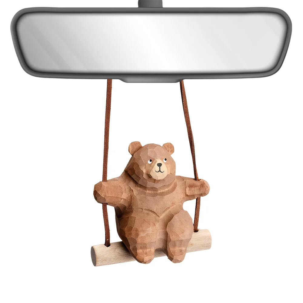Hand Carved Wooden Swing Bear Car Rearview Mirror Ornament Cute Wood Bear Hanging Pendant Auto Interior Decor Accessory Gift