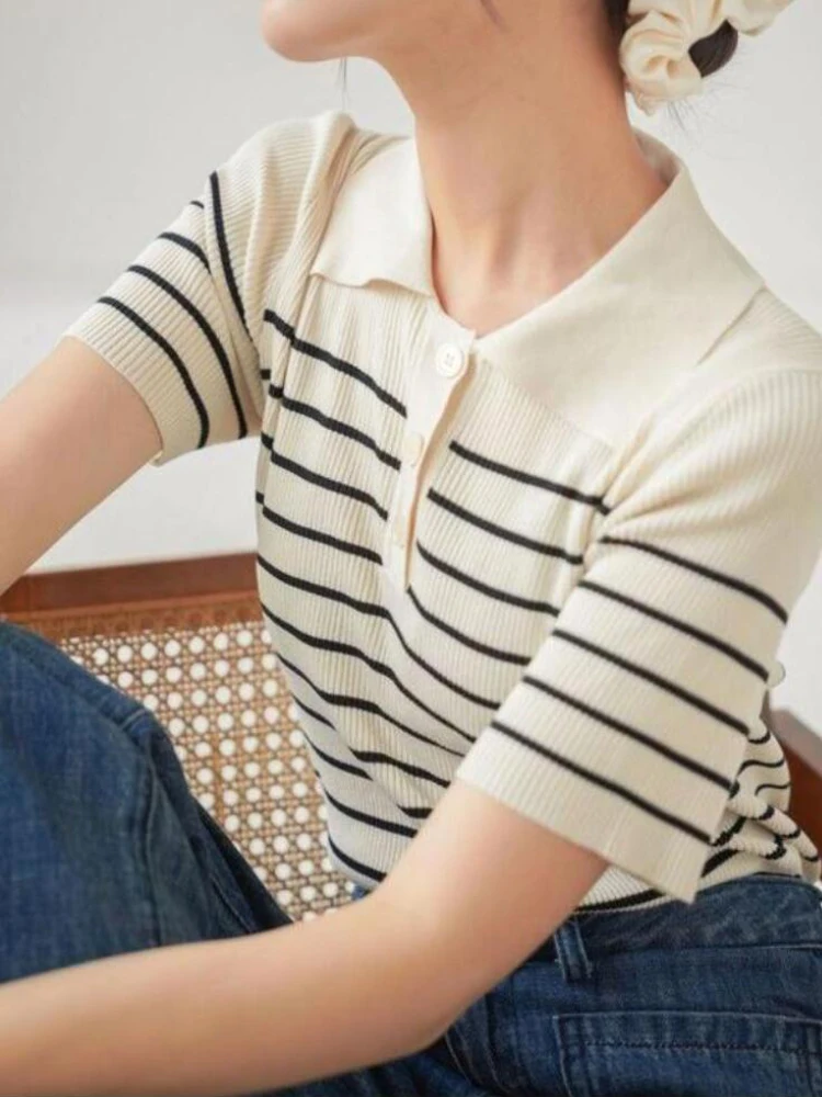 

Summer Knitted Tee Shirt Women Short Sleeve Striped Shirt Top Ladies Slim Shirt Top Button Tee Office Ladies Elegent Outfits