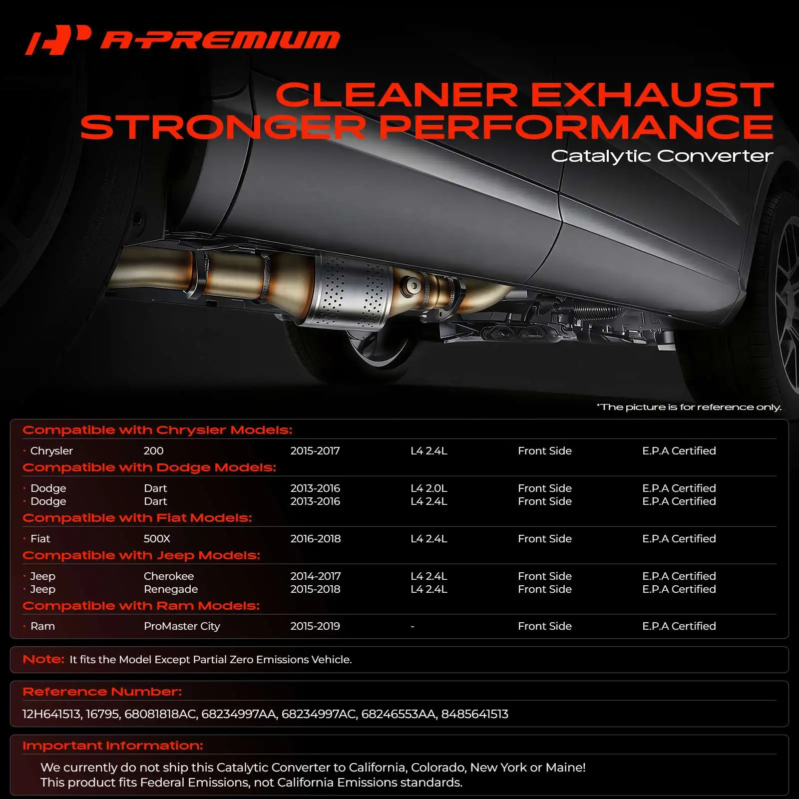 A-Premium Front Catalytic Converter w/ Exhaust Manifold for Jeep Cherokee 2014-2017 Renegade 2015-2018 Ram ProMaster City