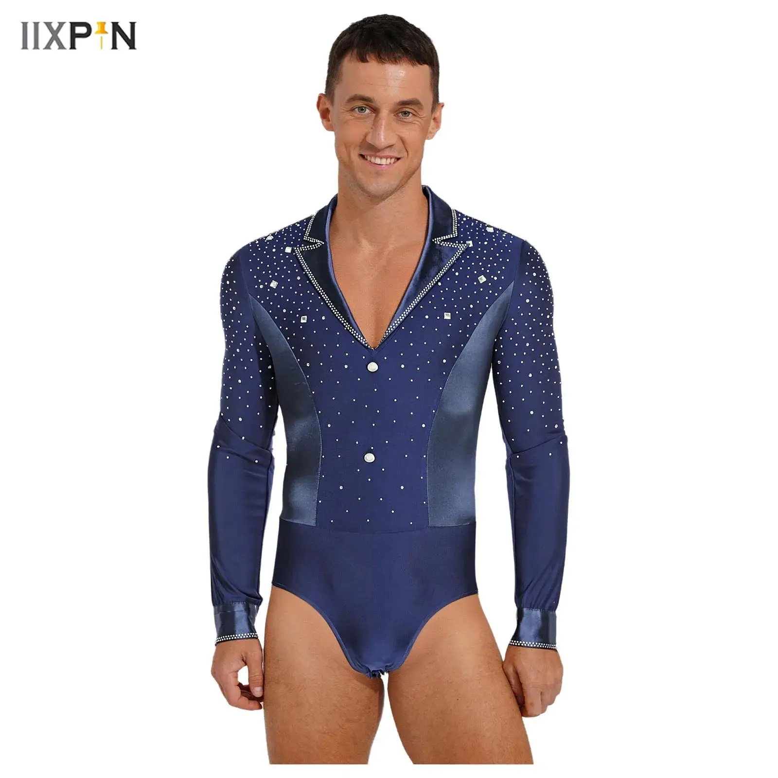 

Mens Latin Tango Dance Bodysuit Glittery Rhinestone Lapel V Neck Long Sleeve Openable Crotch Leotard for Chacha Figure Skating