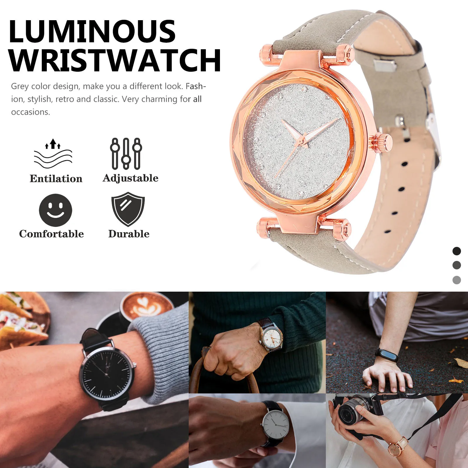 قطعتان من الساعات المضيئة للجنسين باللون الرمادي وحزام من جلد الغزال وساعة عصرية أنيقة ومتينة للرجال والنساء