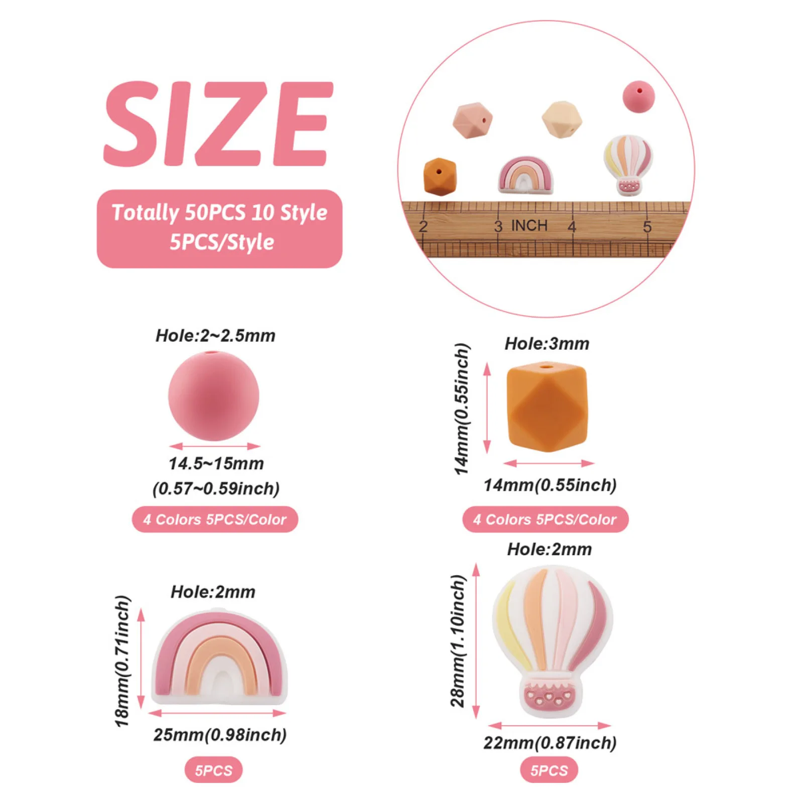 50Pcs 10 Style Food Grade Eco-Friendly Silicone Beads Octagon Hot Air Balloon Shape Beads DIY Nursing Necklaces Keychain Making