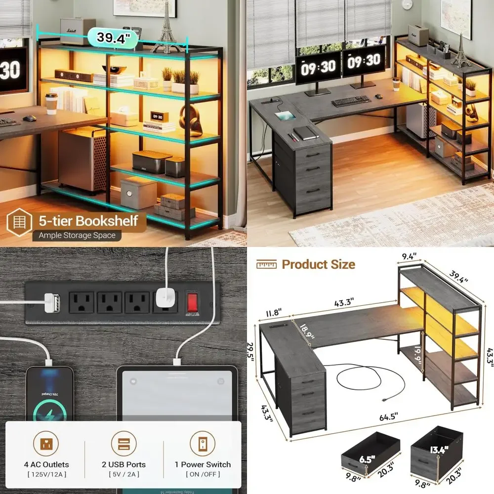"reversible u-shaped desk with 3 fabric drawers and led gaming corner desk"