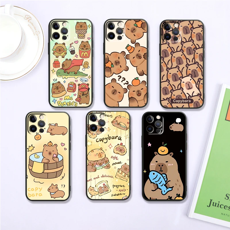 Cute C-Capybaras Cartoon Animal For iPhone 15 14 13 12 11 XS XR X 8 7 SE Pro Max Plus Mini Black Cover Phone Case