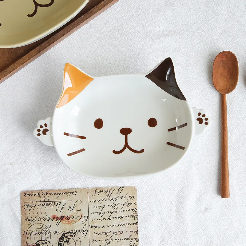 Japanese Cartoon Cat Plate Cute Children Binaural Dinner Platter Breakfast Fruit Salad Ceramic Dish Dessert Snack Tray