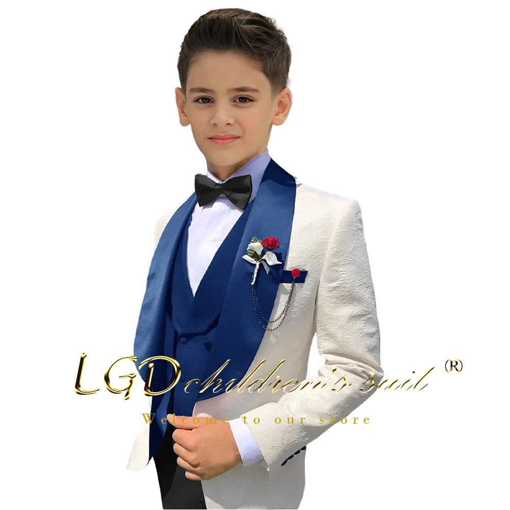 Children's wedding suit dress 3 piece set, custom boys ivory white floral jacket fashion vest shawl collar black pants suit