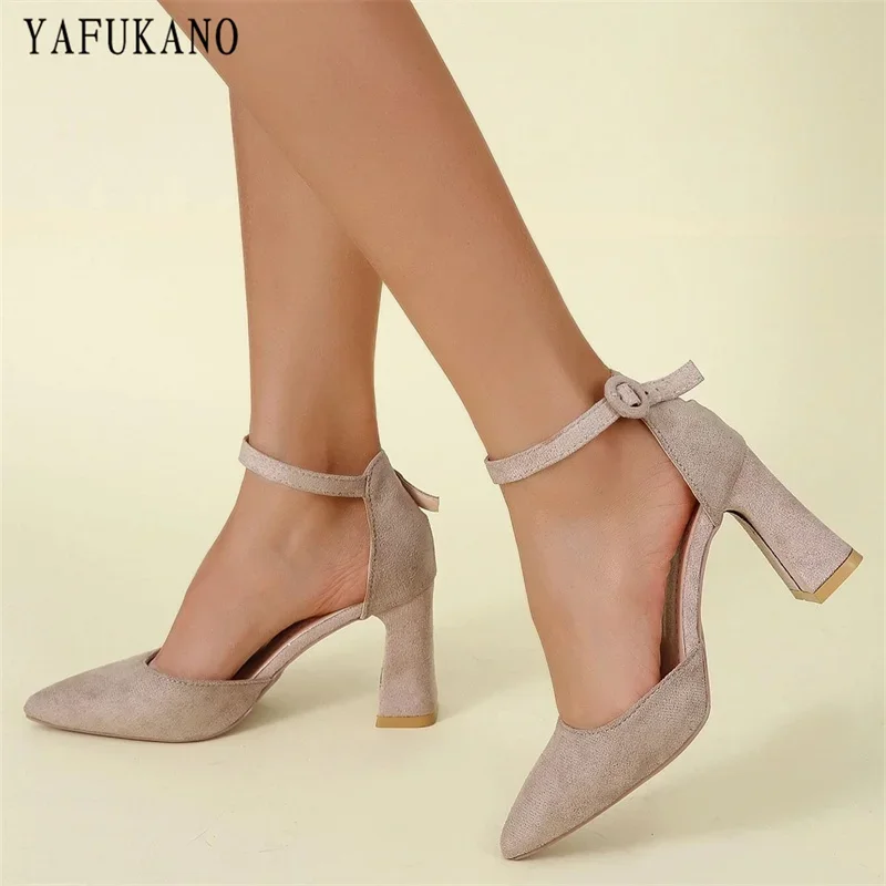 Simple Fashion Mid Hollow Single Shoes Summer Pointed Toe Chunky Heeled Ankle Strap Sandals Solid Flock Casual Pumps High Heels