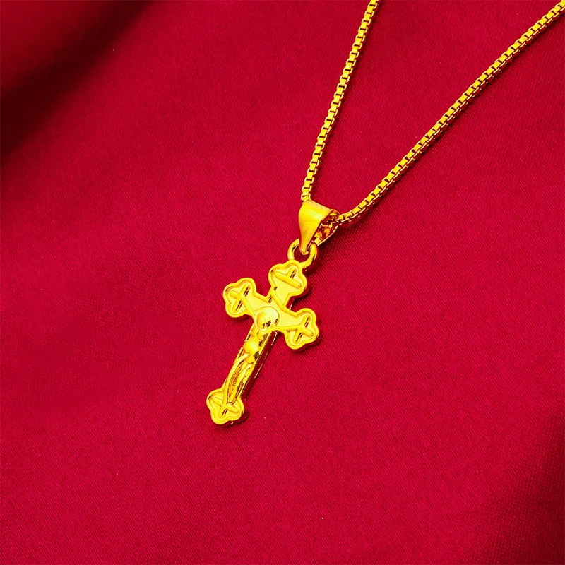 

24K real gold 9999 yellow gold New Ladies Box Chain Cross Pendant