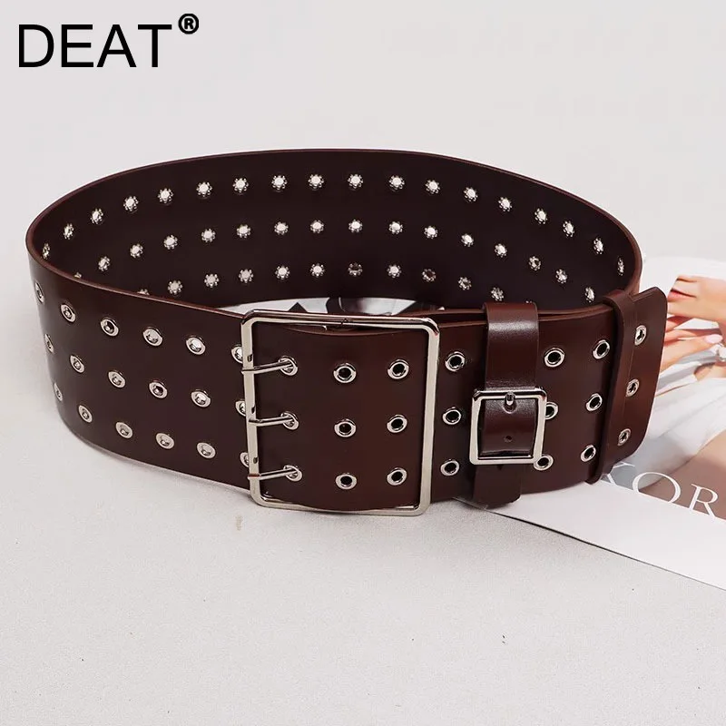 DEAT Fashion Cowhide Wide Waistband Women's Double Hole Rivet Brown Belt Clothes Accessory New 7AB8113