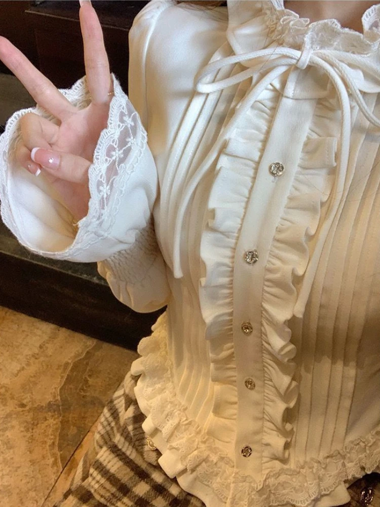 Flare Sleeve Vintage Elegant Shirts Women Ruffles Bandage Fairy Sweet Blouse Female Holiday Lace Korean Fashion Clothes 2023 New