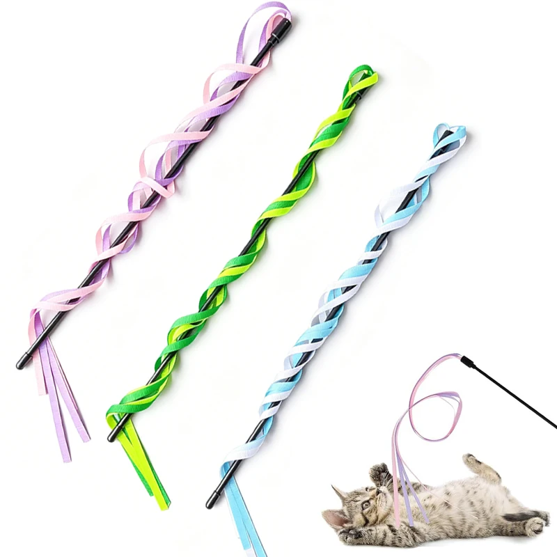 3PCS Colorful Ribbon Cat Wand Toys Interactive Cat Toy Teaser Wand String Kitten Training Exerciser Toy