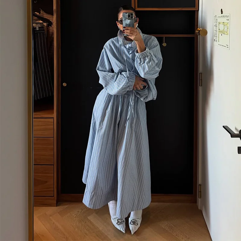 Chic Striped Women's Jacket Skirts Suit Stand Collar Drawstring A-Line Skirts Lady Set 2026 Summer Autumn 2 Pieces Set Women New