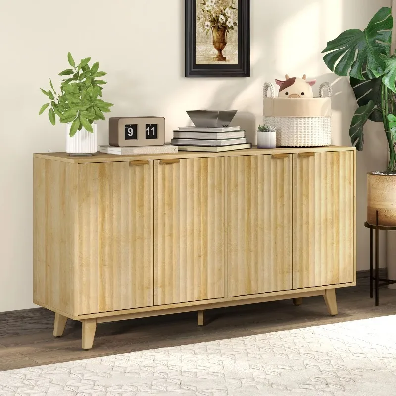 55 Inch Coffee Bar Cabinet Groove Sideboard Buffet with 4 Doors, 2 Adjustable Shelves, 5 Wooden Legs, Natural Wood
