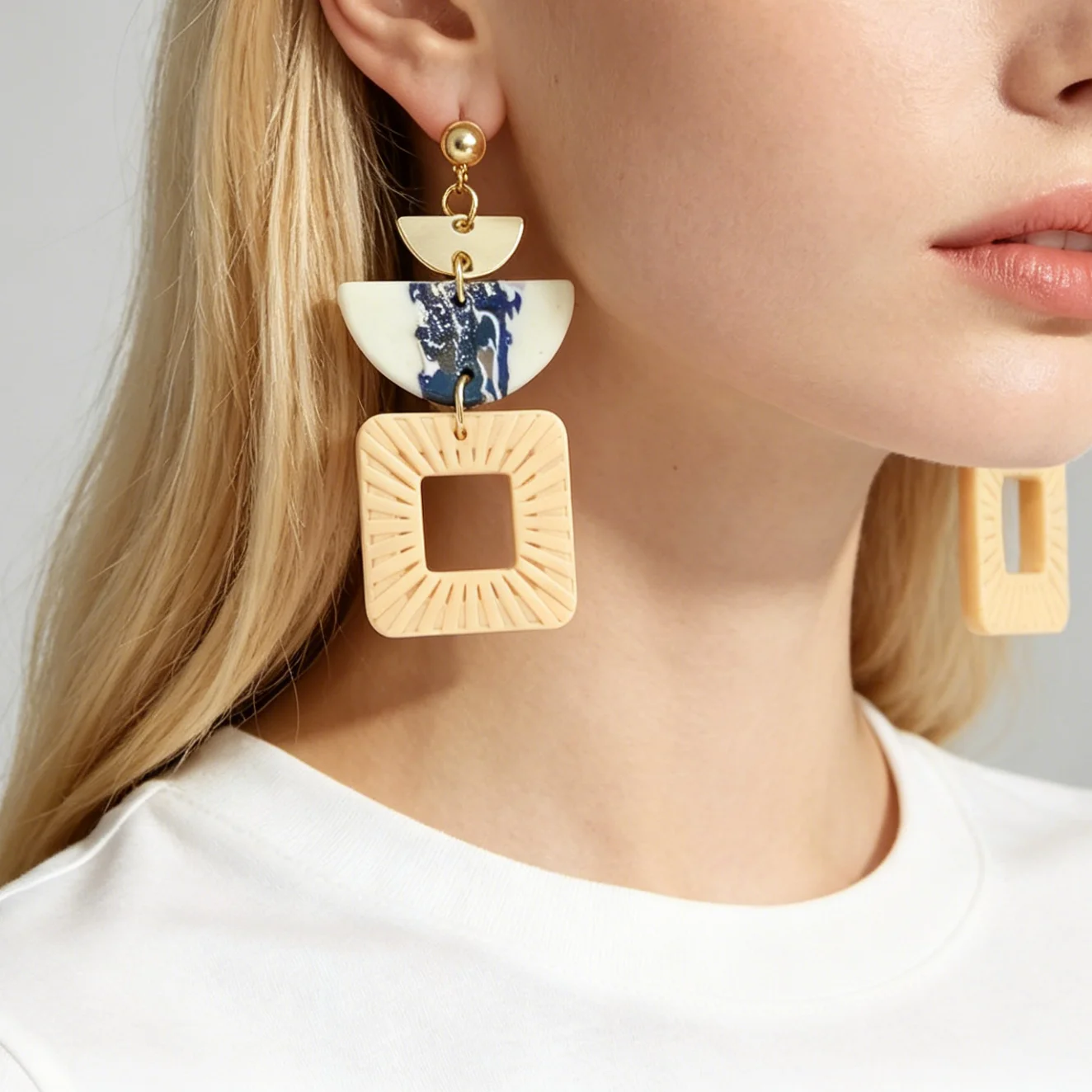 Turquoise Marble Polymer Clay Earrings with Gold Foil Geometric Square Design Wood Dangle Fashion Jewelry for Ladies Daily Party