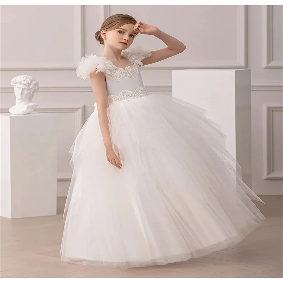 Communion Long Dress Pong Dress Lace Summer New Girl Petal Sleeve White Wedding Dress Simple and Elegant Piano Performance Dress