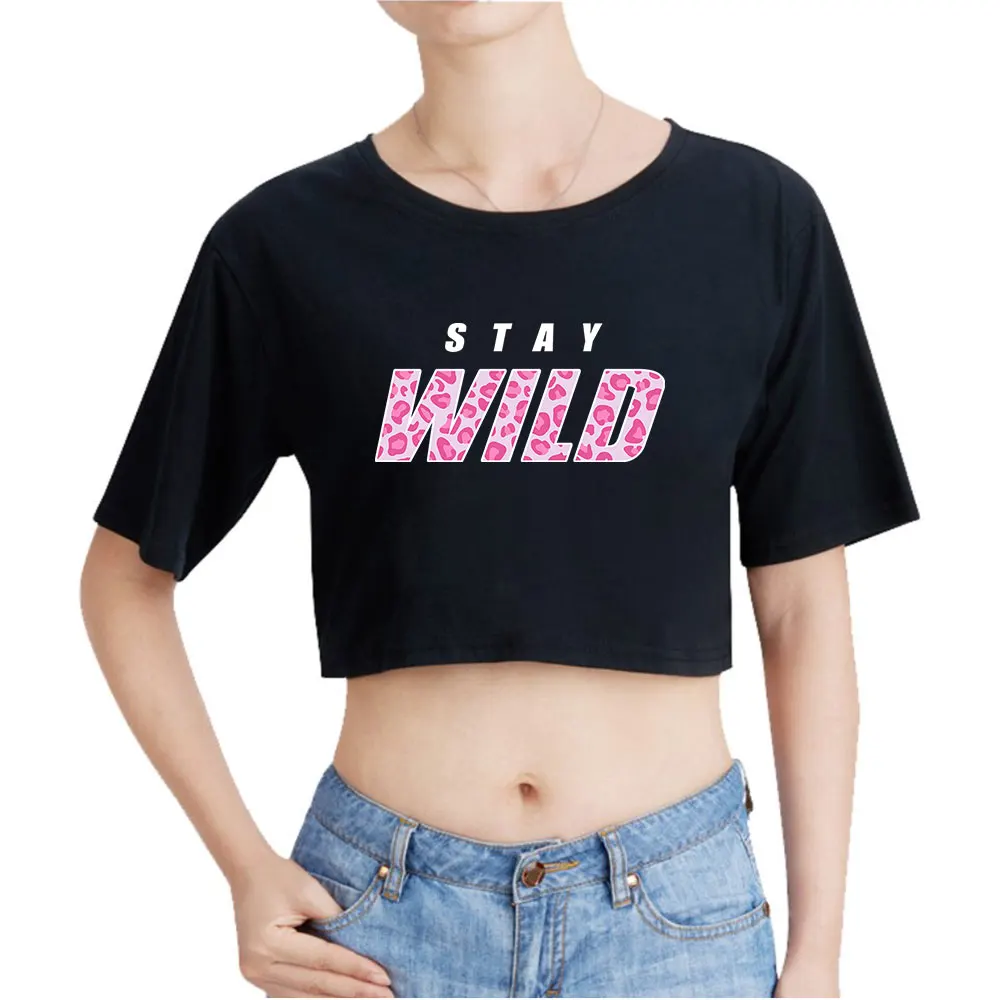 

Ben Azelart Stay Wild Vintage 90s Crop Top Exposed Navel T-Shirt Oversize ONeck Tops Fashion Funny Tshirt Women