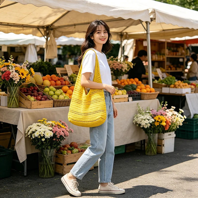 Hohlgestrickte Unterarm-Schultertasche, koreanische Damen-Handtasche, süß, niedlich, schlicht, einfarbig, gewebte Handtasche, lässige Tragetasche für Pendeln und Reisen – Detail 7