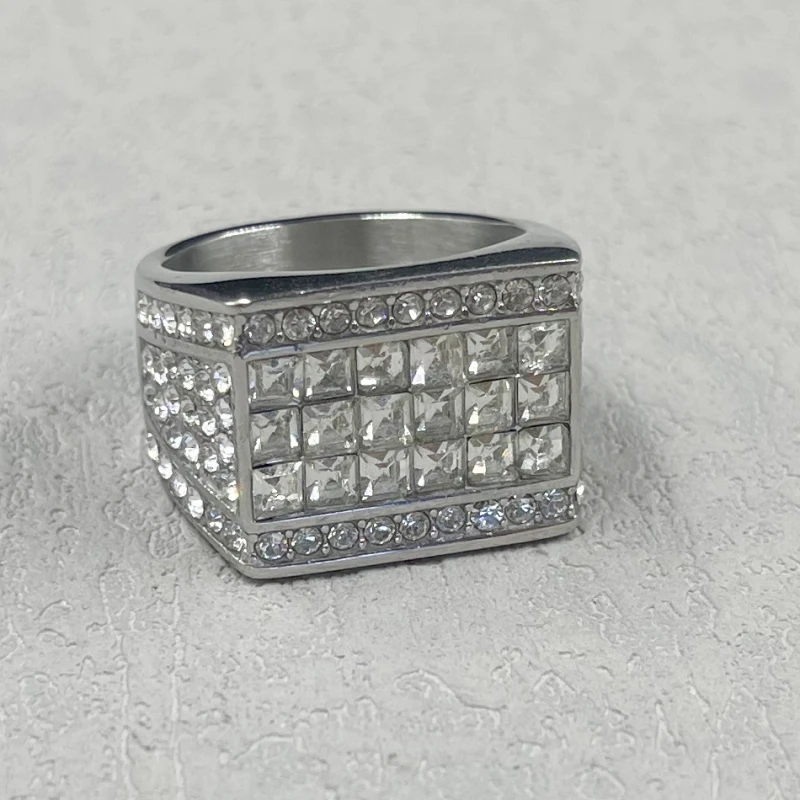 Vintage hip hop gold silver color Ring for men Women with rhinestone Jewelry Fashion Stainless Steel Engagement Wedding