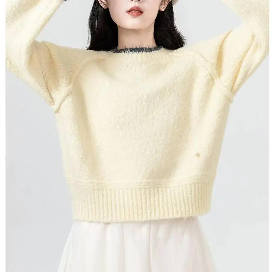 

Small Size Top Casual Style Gray Thickened Short Sweater Women's Autumn Winter round Neck Lazy Style Inner Wear Knitted Shirt